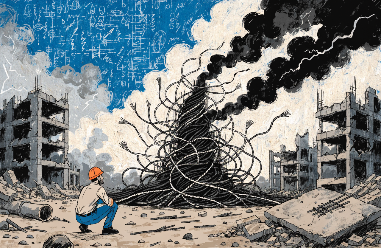 Surreal illustration of tangled fiber optic cables emerging from bombed ruins, some cables glowing faintly, others severed and dark, a technician in a hard hat staring helplessly at the damage, the sky above split between digital code patterns and smoke, digital illustration, editorial magazine style, flat bold colors, graphic novel aesthetic, hand-painted texture, NOT a photograph, illustrated artwork, stylized
