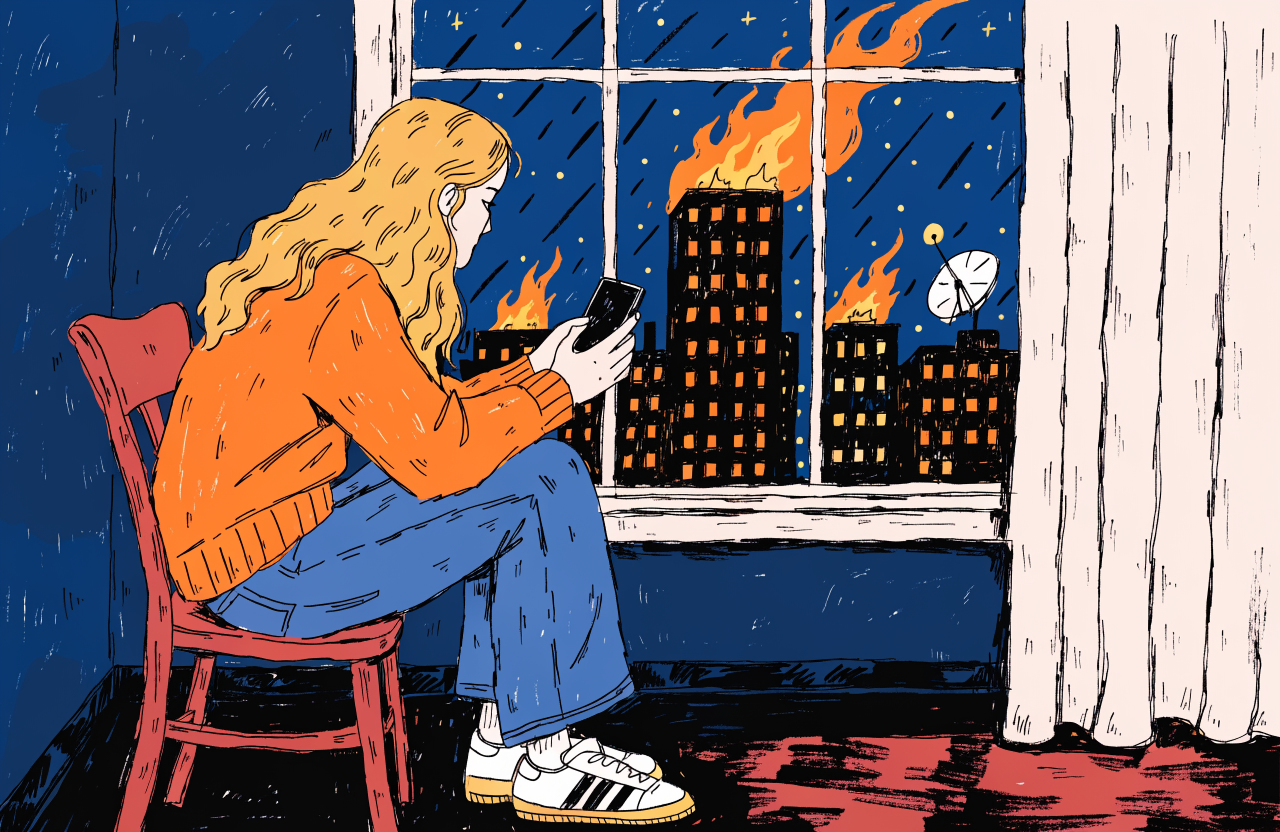 Illustration of a person sitting alone in a dark room, holding a phone with a blank screen, outside the window a city skyline with some buildings on fire and some dark, while a single satellite dish on the rooftop glows faintly, casting a small circle of light, digital illustration, editorial magazine style, flat bold colors, graphic novel aesthetic, hand-painted texture, NOT a photograph, illustrated artwork, stylized