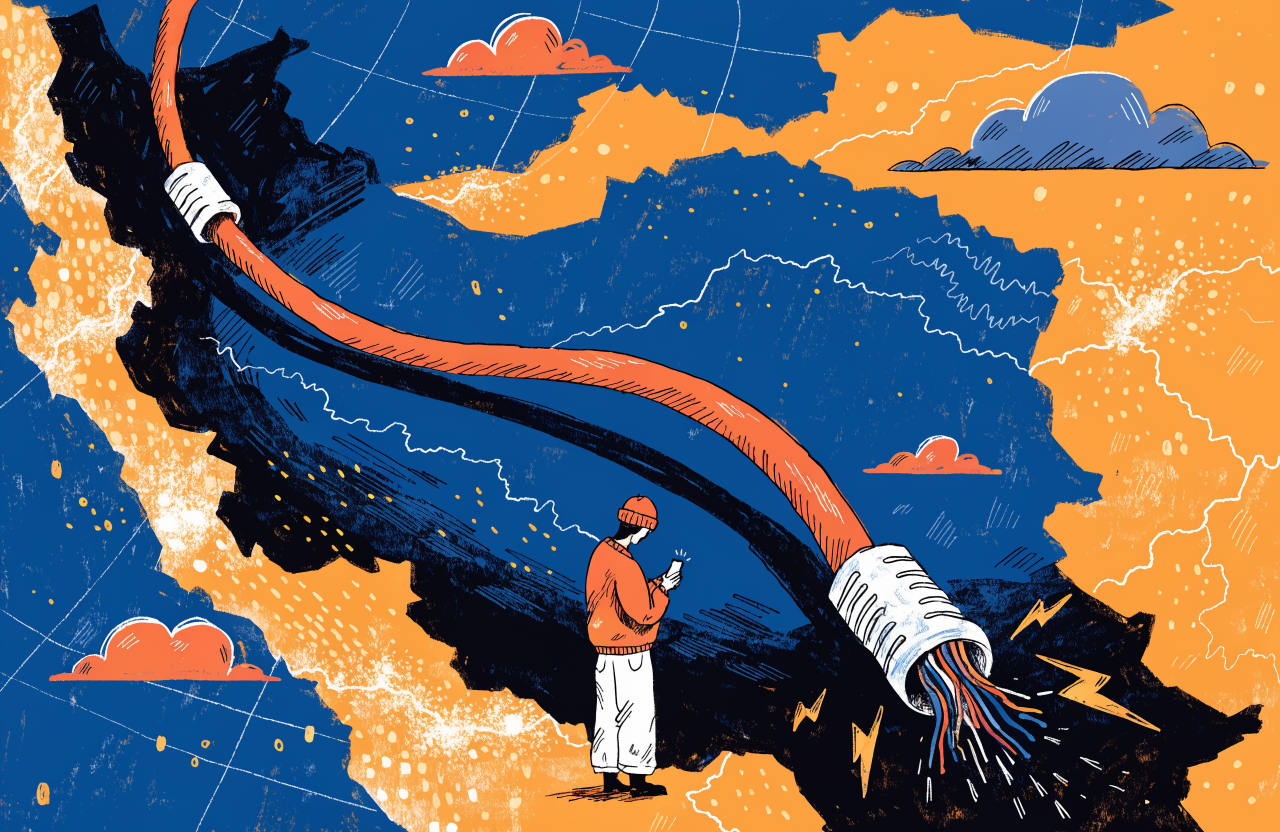 A surreal illustration of a giant unplugged ethernet cable lying across a map of Iran, the cable end frayed and sparking, the country below it in darkness while surrounding regions glow with light, a lone person holding a small glowing phone screen standing in the dark, digital illustration, editorial magazine style, flat bold colors, graphic novel aesthetic, hand-painted texture, NOT a photograph, illustrated artwork, stylized