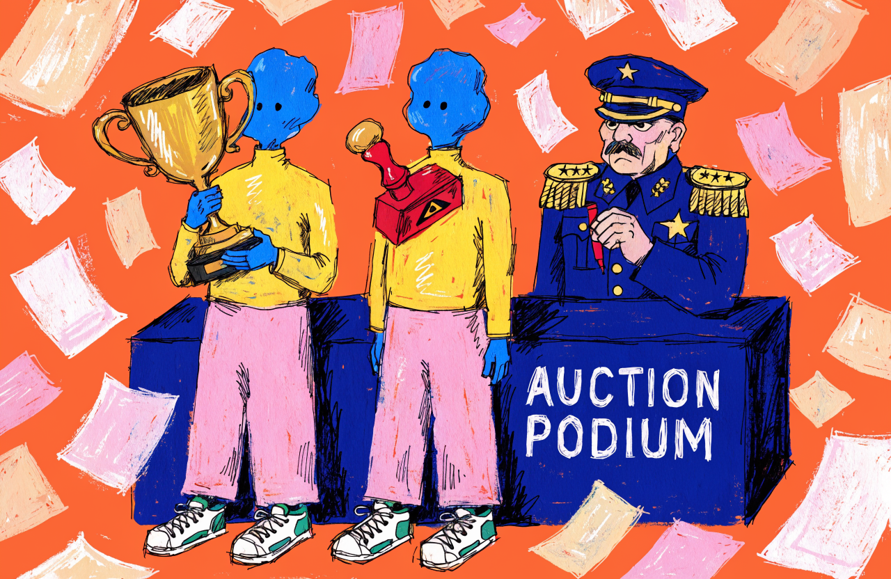 Ilustrație cu două companii AI la o licitație, una primind un trofeu și alta un semn de pericol