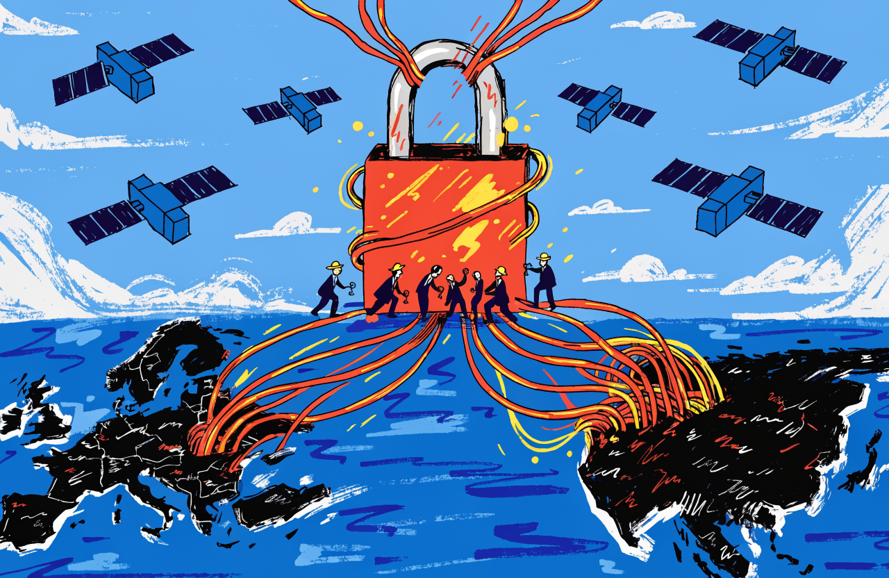 Ilustrație cu harta Europei și Americii conectate prin cabluri digitale cu un lacăt la mijloc