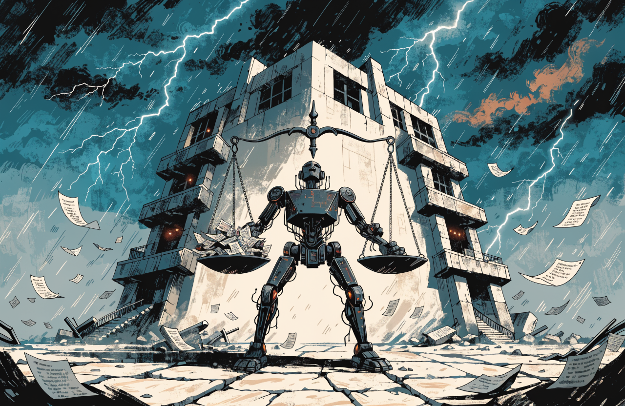 Ilustrație conceptuală cu un robot care ține o balanță a justiției în fața Pentagonului