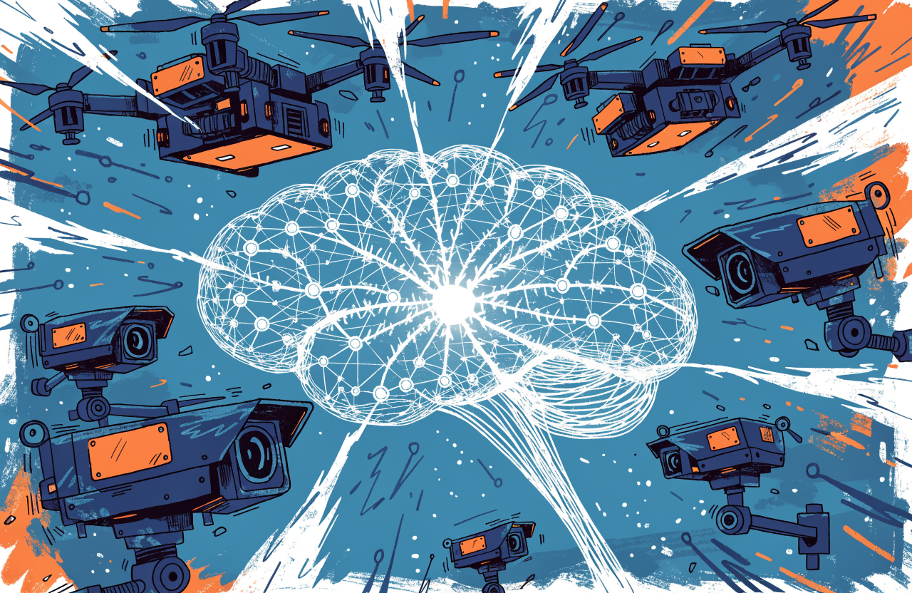 A glowing AI brain made of interconnected nodes and light filaments, surrounded by military drones and surveillance cameras trying to plug into it, the brain pushing them away with force fields, blue and orange color palette, tense dramatic composition, digital illustration, editorial magazine style, flat bold colors, graphic novel aesthetic, hand-painted texture, NOT a photograph, illustrated artwork, stylized