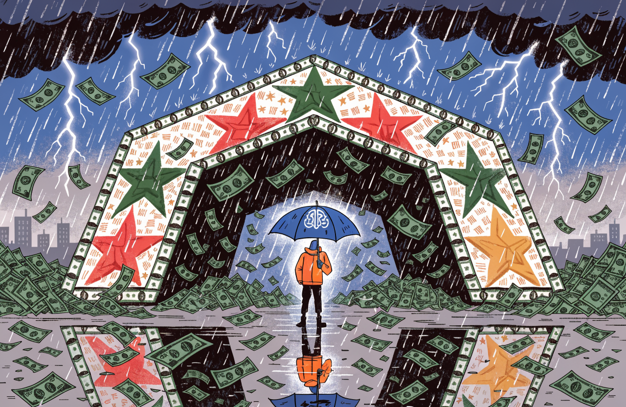 A giant Pentagon building made of dollar bills and military stars, with a small figure holding an umbrella with an AI symbol trying to stand firm against a storm of cash raining down, dramatic perspective, dark sky with lightning, the small figure glowing with a soft blue ethical light, digital illustration, editorial magazine style, flat bold colors, graphic novel aesthetic, hand-painted texture, NOT a photograph, illustrated artwork, stylized