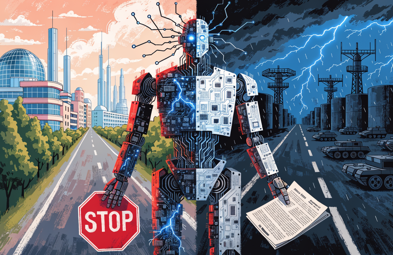 A humanoid robot made of circuit boards and glowing blue light standing at a crossroads, one path leading to a gleaming tech campus with pastel colors, the other path leading to a dark military base with tanks and missiles, the robot holding a stop sign in one hand and a contract document in the other, dramatic split lighting red and blue, digital illustration, editorial magazine style, flat bold colors, graphic novel aesthetic, hand-painted texture, NOT a photograph, illustrated artwork, stylized