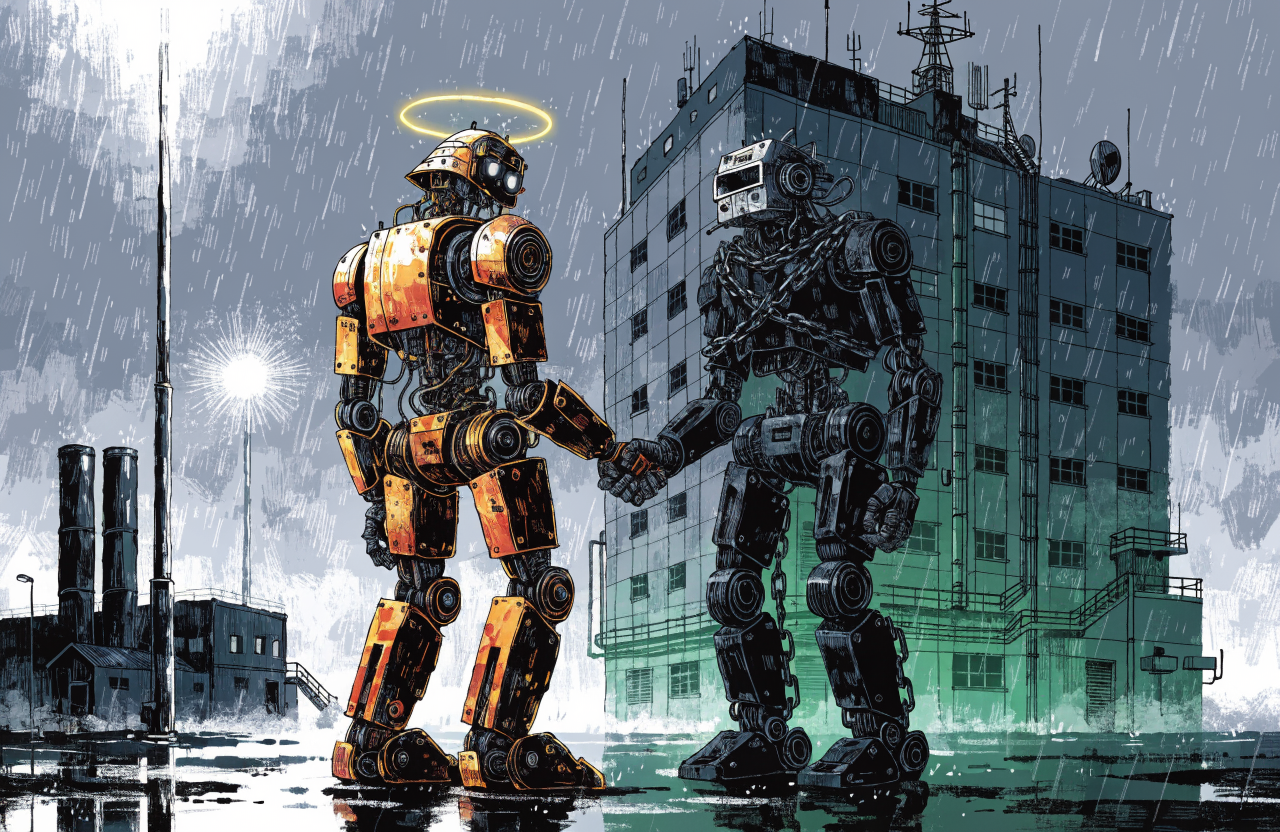 Two AI robots shaking hands in front of a military base, one wearing a halo and the other in chains, dramatic split lighting, one side bright corporate white the other shadowy military green, surrealist editorial illustration, digital illustration, editorial magazine style, flat bold colors, graphic novel aesthetic, hand-painted texture, NOT a photograph, illustrated artwork, stylized