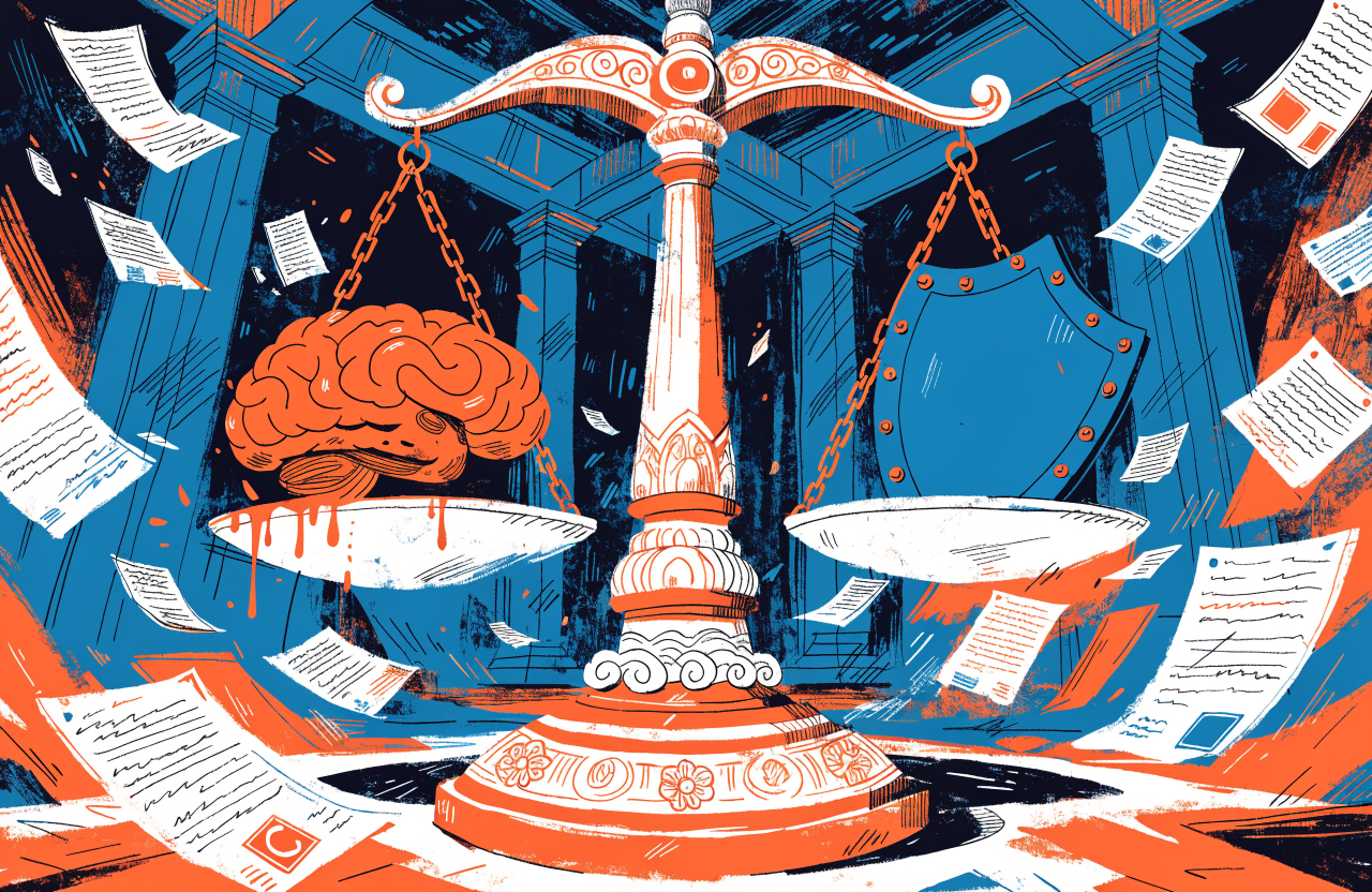 A scale of justice with an AI brain on one side and a military shield on the other, both sides tipping chaotically, legal documents flying through the air, surrealist courtroom setting, dramatic perspective, digital illustration, editorial magazine style, flat bold colors, graphic novel aesthetic, hand-painted texture, NOT a photograph, illustrated artwork, stylized
