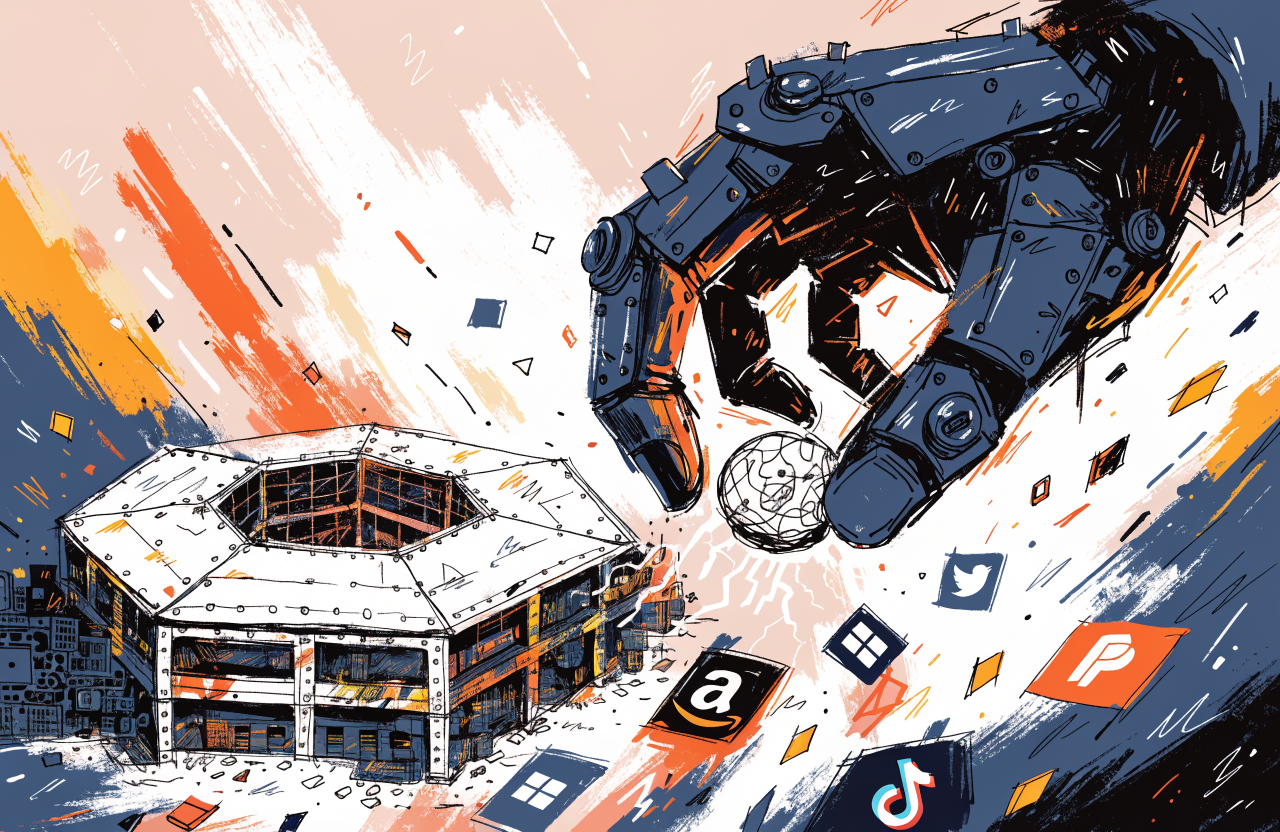 A giant robotic military hand reaching down to crush a small glowing AI brain, surrounded by corporate logos fleeing in panic, dramatic chiaroscuro lighting, surrealist composition, Pentagon building in background dissolving into circuit boards, digital illustration, editorial magazine style, flat bold colors, graphic novel aesthetic, hand-painted texture, NOT a photograph, illustrated artwork, stylized