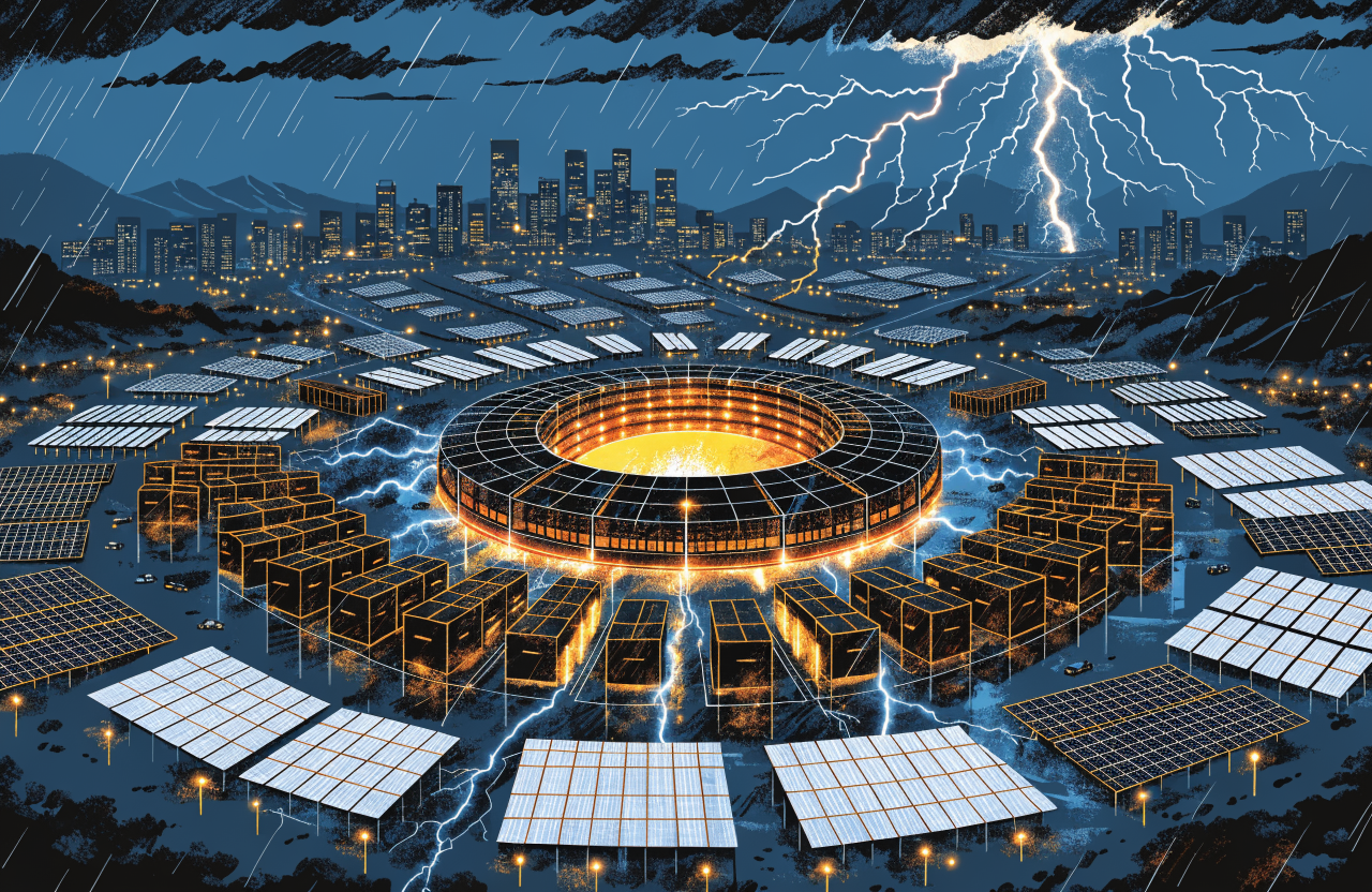 Aerial view of a massive AI data center surrounded by rows of Tesla Megapack battery units and solar panels, glowing lights at night, energy flowing as visible electric streams, futuristic industrial aesthetic, digital illustration, editorial magazine style, flat bold colors, graphic novel aesthetic, hand-painted texture, NOT a photograph, illustrated artwork, stylized