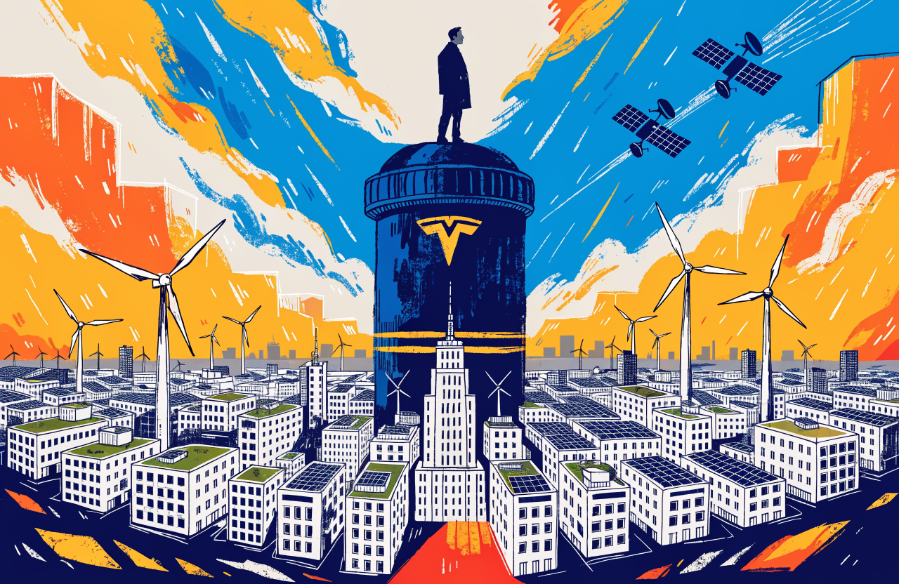 Elon Musk silhouette standing on top of a giant Megapack battery overlooking a futuristic city powered by solar and wind energy, with space satellites visible in the sky above, dramatic lighting, surrealist composition, digital illustration, editorial magazine style, flat bold colors, graphic novel aesthetic, hand-painted texture, NOT a photograph, illustrated artwork, stylized