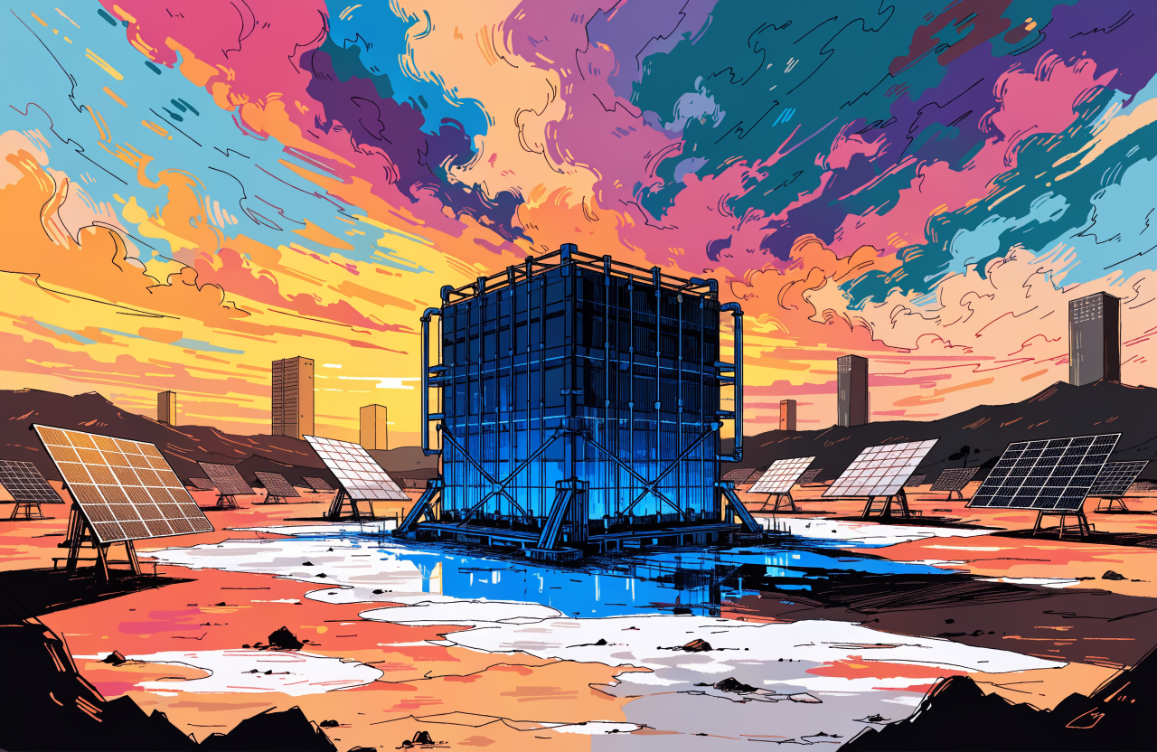 A massive metallic shipping-container-sized battery standing in a vast desert landscape at dusk, glowing with electric blue light from within, solar panels surrounding it, dramatic sky with data center towers in the background, surreal scale, digital illustration, editorial magazine style, flat bold colors, graphic novel aesthetic, hand-painted texture, NOT a photograph, illustrated artwork, stylized