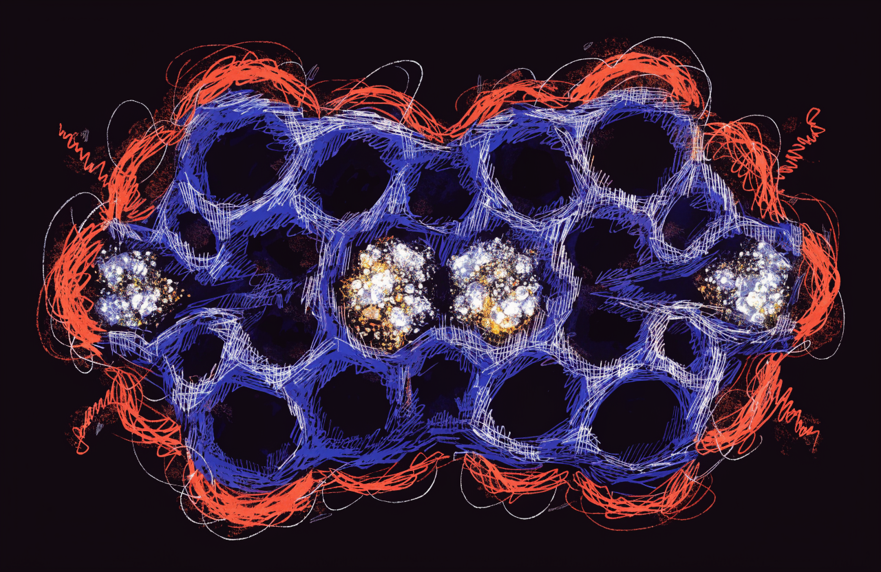 A microscopic view of a nickel-iron battery scaffolding made of protein structures, with tiny metallic clusters glowing silver and gold, surrounded by carbon fibers, rendered as a cross-section illustration with deep blue and orange tones, scientific diagram aesthetic, digital illustration, editorial magazine style, flat bold colors, graphic novel aesthetic, hand-painted texture, NOT a photograph, illustrated artwork, stylized