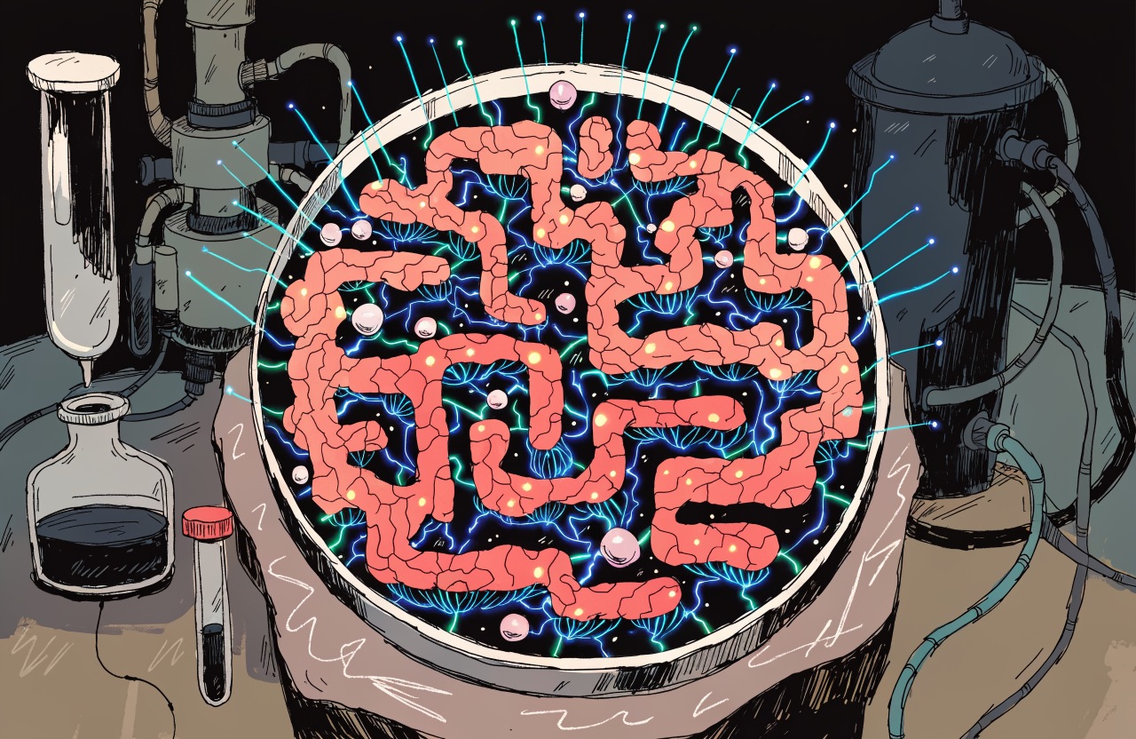 A petri dish seen from above, with glowing neural networks forming the shape of a pixelated video game map, synapses firing in neon blue and green, surrounded by laboratory equipment in muted tones, surrealist scientific illustration, digital illustration, editorial magazine style, flat bold colors, graphic novel aesthetic, hand-painted texture, NOT a photograph, illustrated artwork, stylized