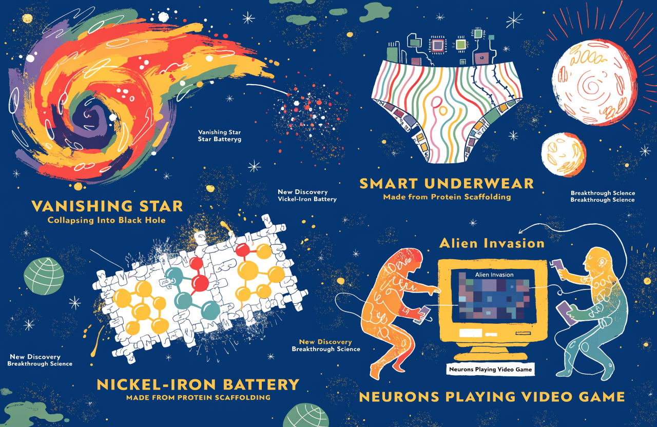 A surrealist collage of six scientific discoveries: a glowing nickel-iron battery made of protein scaffolding, a vanishing star collapsing into a black hole, smart underwear with electronic sensors, neurons playing a video game, all arranged like a magazine spread on a dark cosmic background, digital illustration, editorial magazine style, flat bold colors, graphic novel aesthetic, hand-painted texture, NOT a photograph, illustrated artwork, stylized
