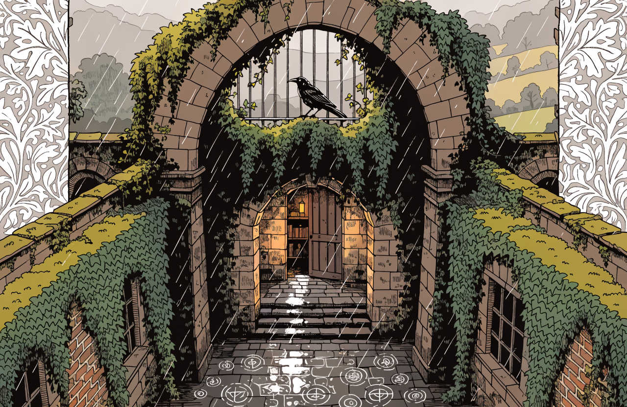 Ilustrație cu o curte interioară medievală cu o ușă misterioasă spre o bibliotecă ascunsă