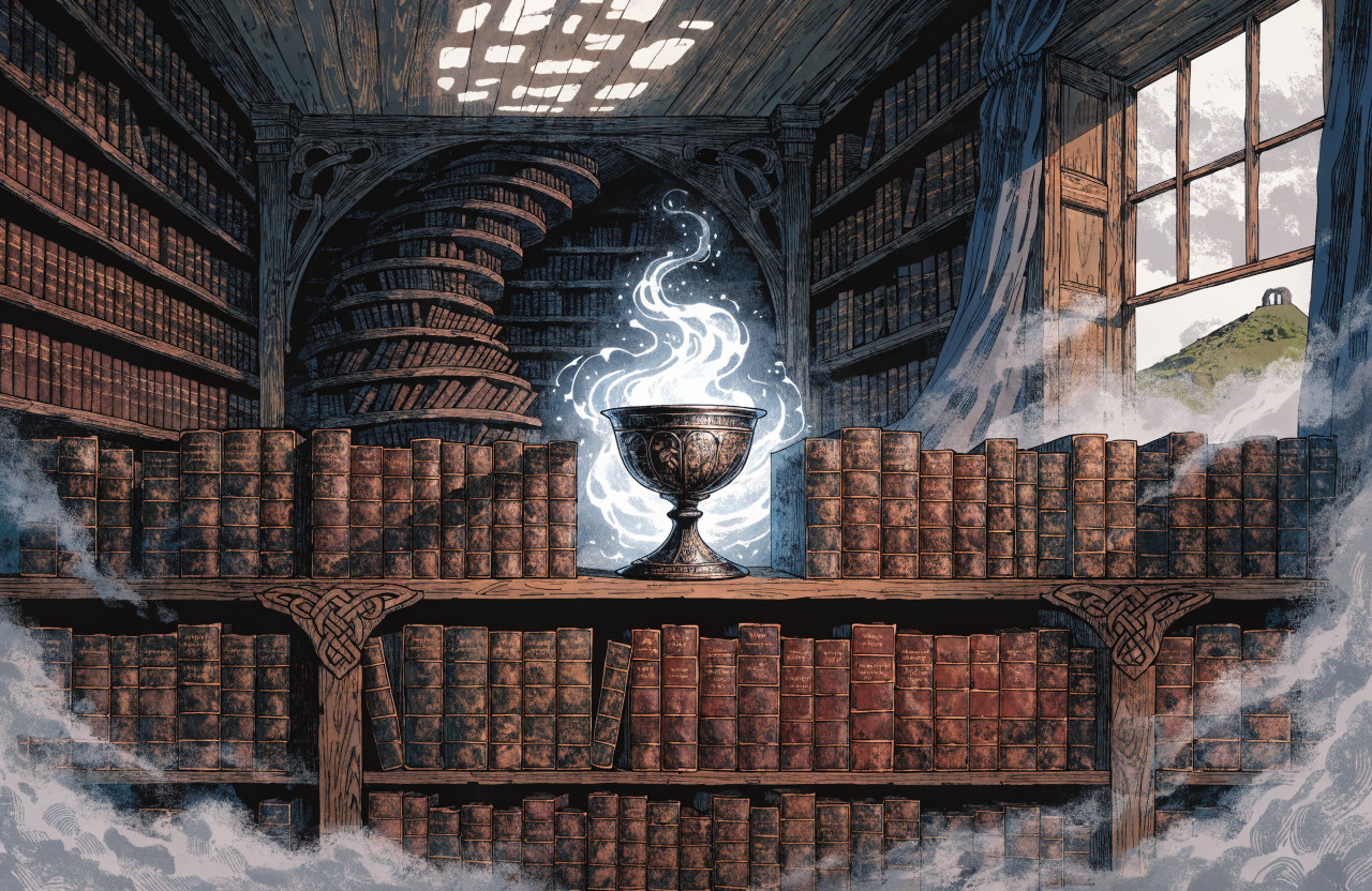 Ilustrație suprarealistă cu un Graal strălucitor pe un raft de bibliotecă printre cărți vechi