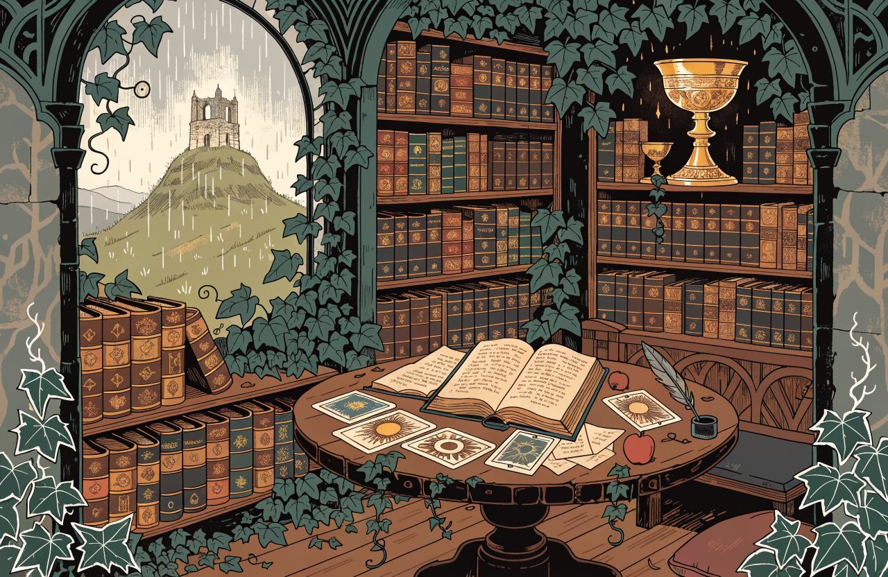 Ilustrație cu o bibliotecă misterioasă plină de cărți vechi, lumânări și simboluri ezoterice