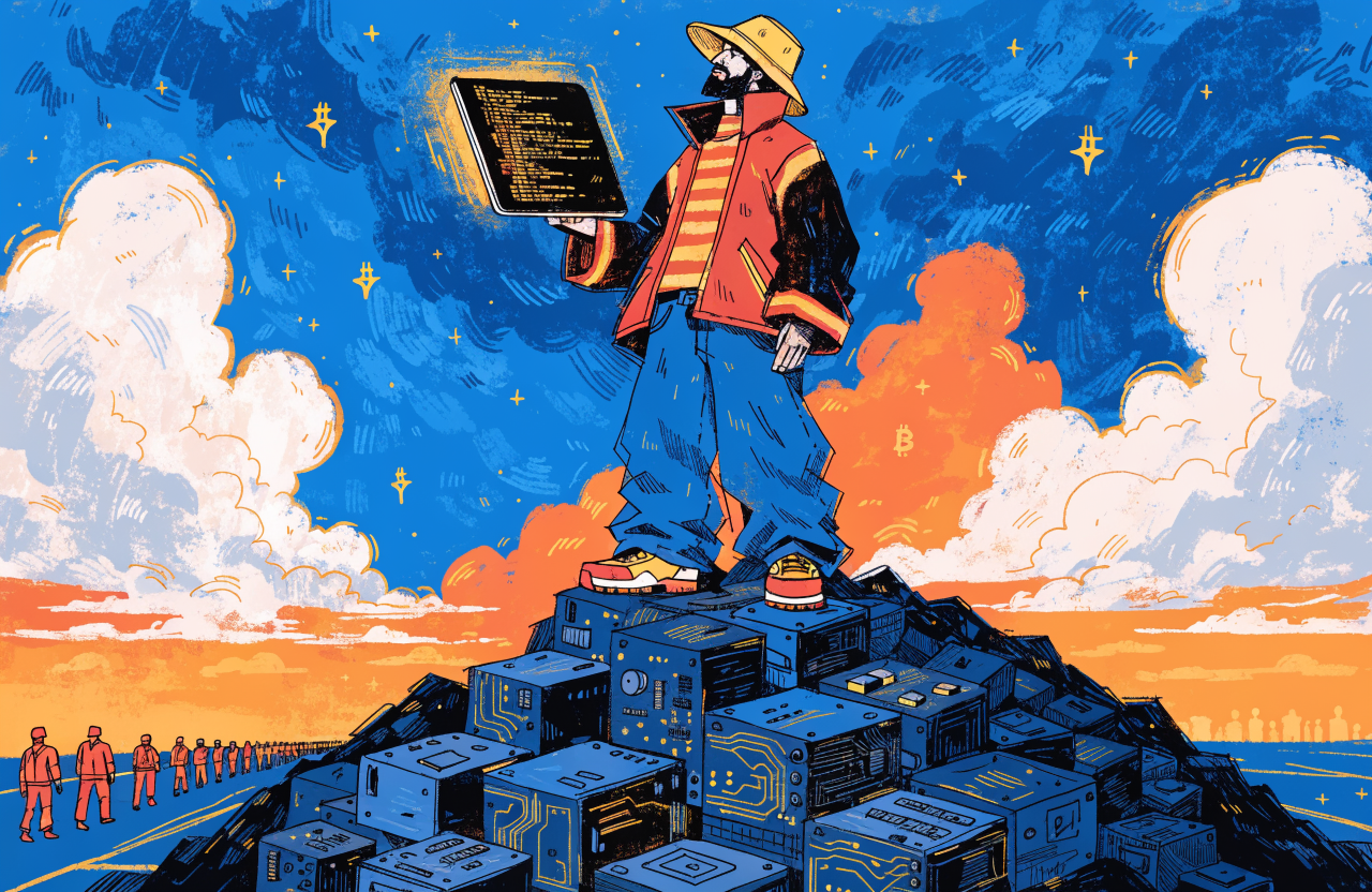 Jack Dorsey as a prophet figure standing on a mountain of servers and circuit boards, holding a glowing tablet with AI code, tiny workers walking away in a long line below him, dramatic sunset sky with bitcoin symbols as stars, digital illustration, editorial magazine style, flat bold colors, graphic novel aesthetic, hand-painted texture, NOT a photograph, illustrated artwork, stylized