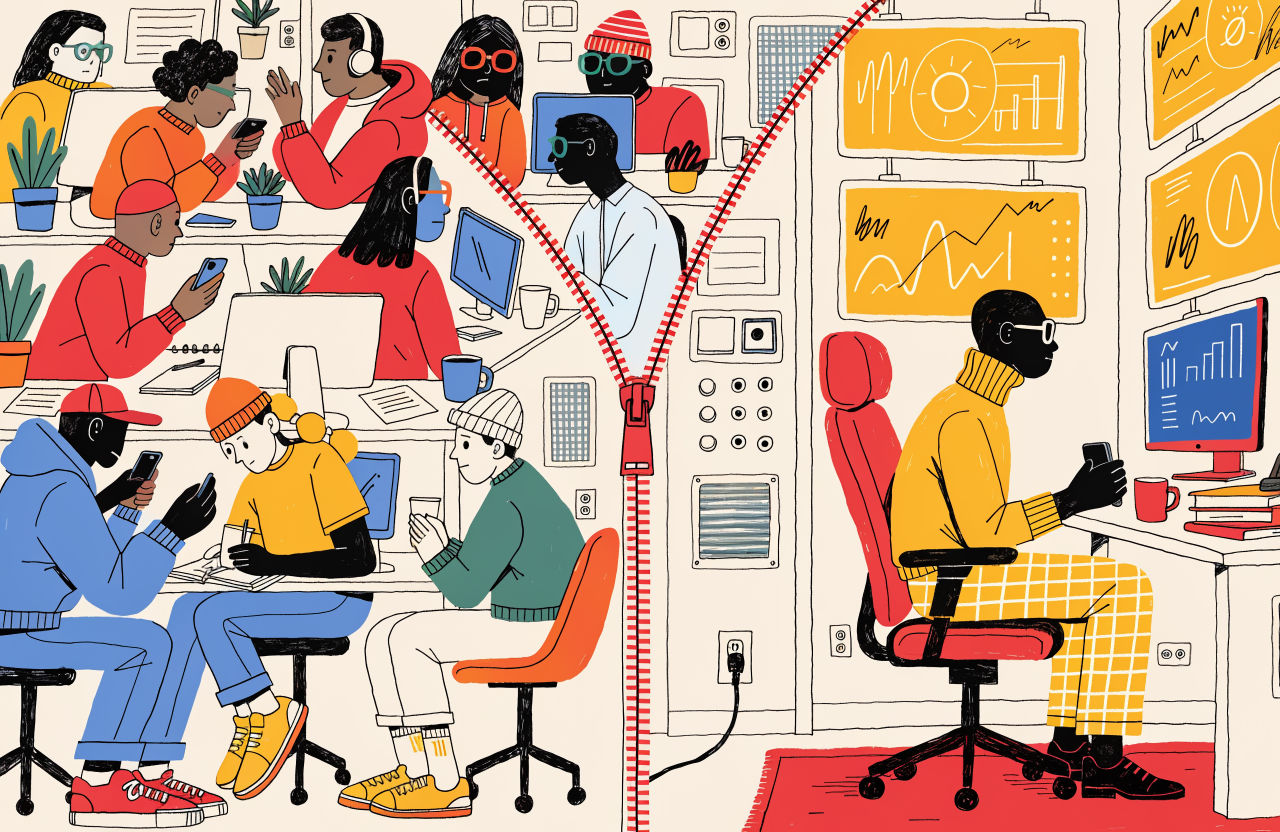 A split scene showing two worlds: on the left, a bustling colorful office full of diverse workers at desks, on the right the same office but empty with glowing AI screens and a single person in a chair, connected by a zipper being pulled from left to right, digital illustration, editorial magazine style, flat bold colors, graphic novel aesthetic, hand-painted texture, NOT a photograph, illustrated artwork, stylized