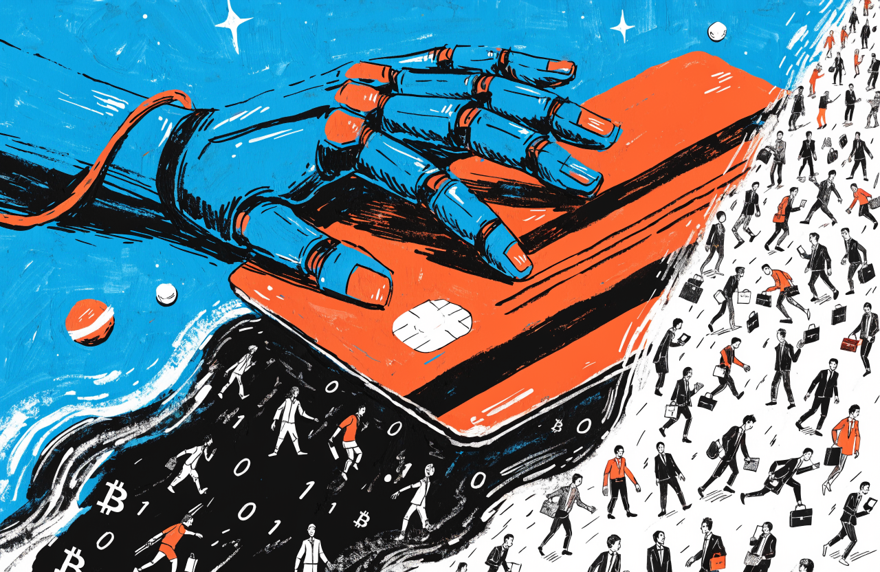 A giant robot hand gently pushing thousands of tiny human office workers off the edge of a massive credit card floating in space, some workers falling into a void filled with binary code and bitcoin symbols, surreal perspective from above, digital illustration, editorial magazine style, flat bold colors, graphic novel aesthetic, hand-painted texture, NOT a photograph, illustrated artwork, stylized