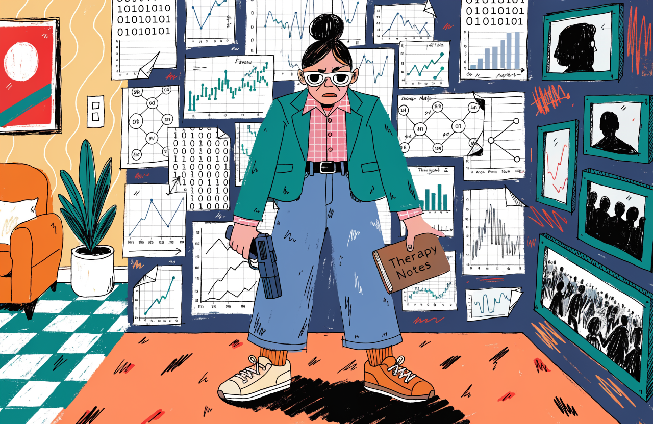 Ilustrație cu o femeie terapeut ținând un pistol și un caiet de notițe, pe un fundal de grafice bursiere