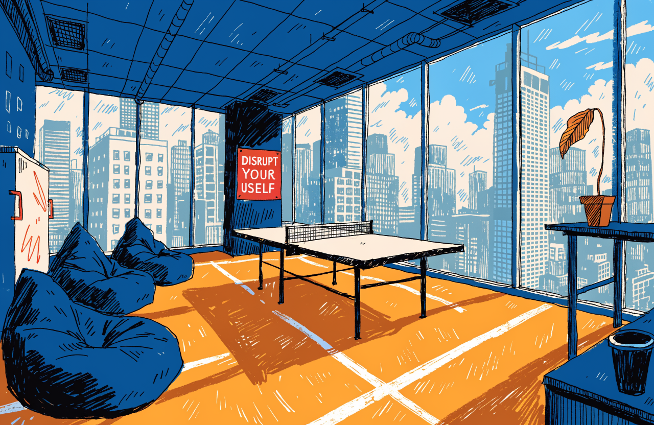 Ilustrație cu un birou tech modern gol, cu un poster motivațional sarcastic pe perete