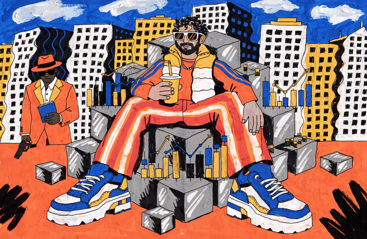 Ilustrație cu un CEO tech într-o vestă puffer, stând pe un tron de cuburi de tungsten, cu un terapeut în umbră