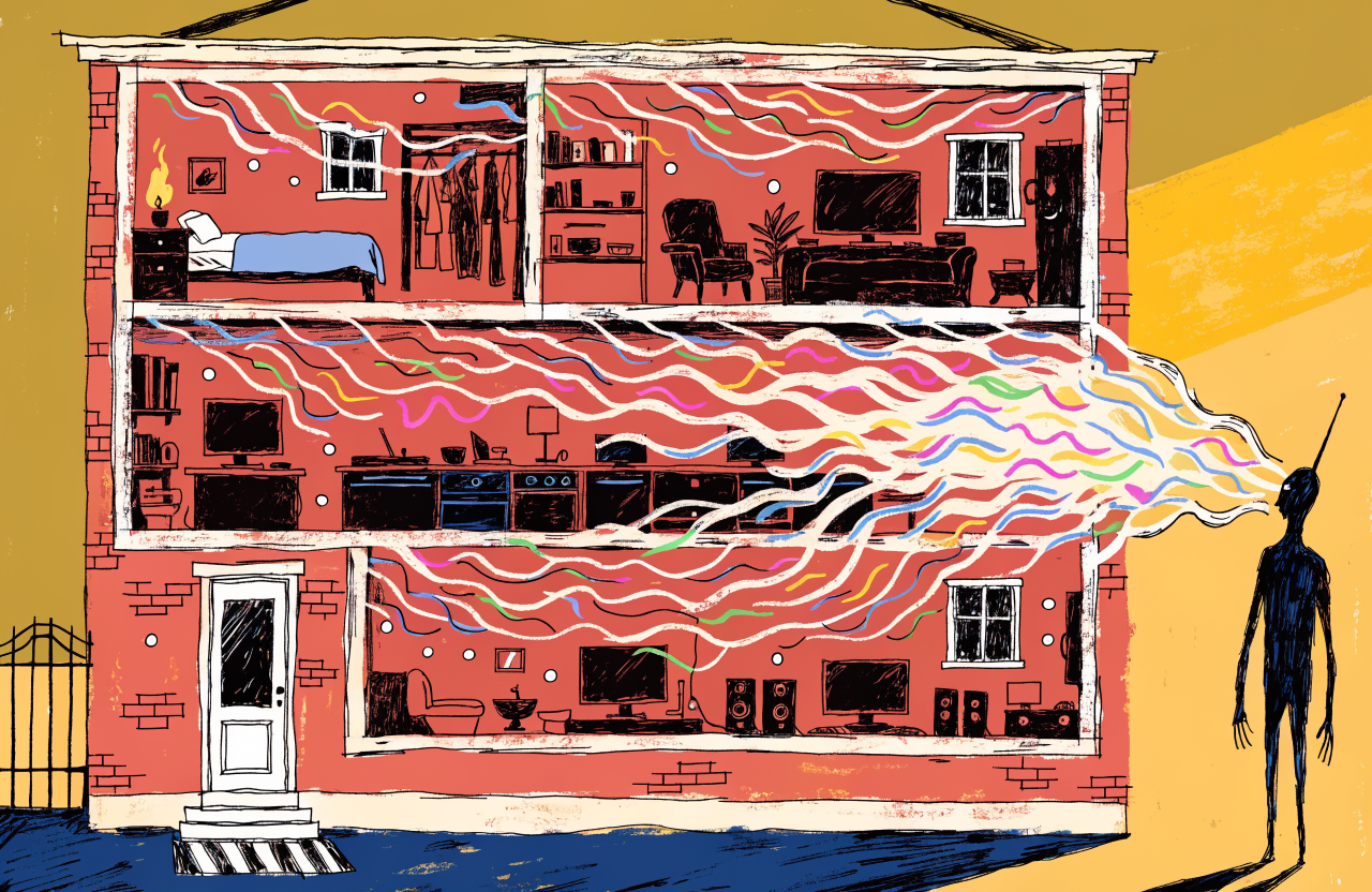 Cross-section diagram of a house with electromagnetic waves leaking from every electronic device, depicted as colorful tentacles reaching through walls toward a shadowy figure with an antenna outside, surrealist architectural illustration, digital illustration, editorial magazine style, flat bold colors, graphic novel aesthetic, hand-painted texture, NOT a photograph, illustrated artwork, stylized