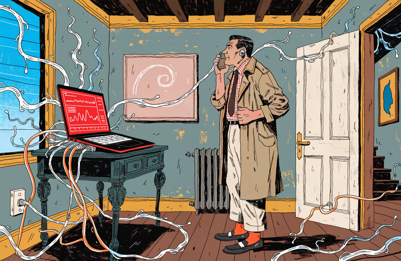 A vintage 1940s spy listening to electromagnetic waves emanating from a modern laptop, radio waves visible as glowing tendrils escaping through walls, cold war aesthetic meets silicon valley, dramatic chiaroscuro lighting, digital illustration, editorial magazine style, flat bold colors, graphic novel aesthetic, hand-painted texture, NOT a photograph, illustrated artwork, stylized