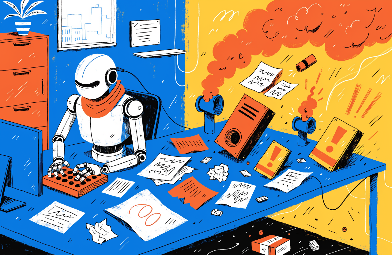 A split scene showing two panels: on the left a calm robot sitting at a desk pressing buttons confidently, on the right the same desk surrounded by chaos with fire alarms and warning lights, connected by a single cable between the two panels, digital illustration, editorial magazine style, flat bold colors, graphic novel aesthetic, hand-painted texture, NOT a photograph, illustrated artwork, stylized