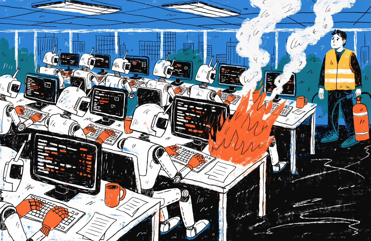 A futuristic office where rows of robots sit at desks coding, while one robot in the center has accidentally set its desk on fire, other robots continue working unfazed, a single human in the background holds a fire extinguisher looking exhausted, digital illustration, editorial magazine style, flat bold colors, graphic novel aesthetic, hand-painted texture, NOT a photograph, illustrated artwork, stylized