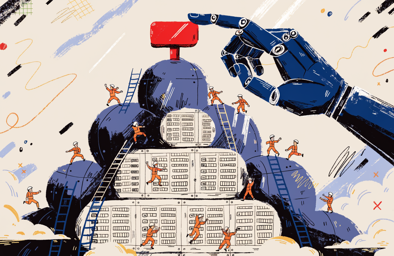 A giant robot hand pressing a red delete button on top of a cloud made of server racks, while tiny panicked engineers climb ladders trying to stop it, surreal composition with dramatic lighting, digital illustration, editorial magazine style, flat bold colors, graphic novel aesthetic, hand-painted texture, NOT a photograph, illustrated artwork, stylized