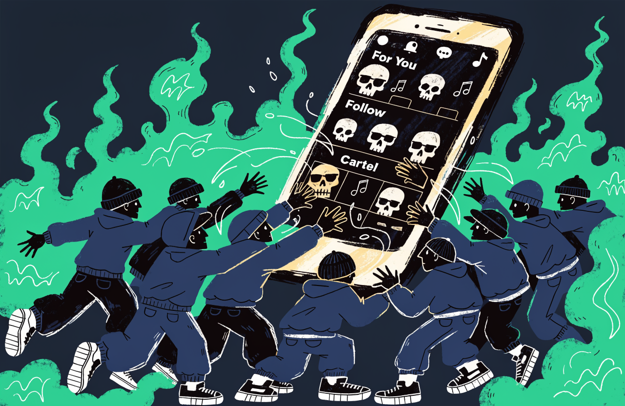 Ilustrație cu un telefon mobil care afișează TikTok, înconjurat de simboluri de pericol