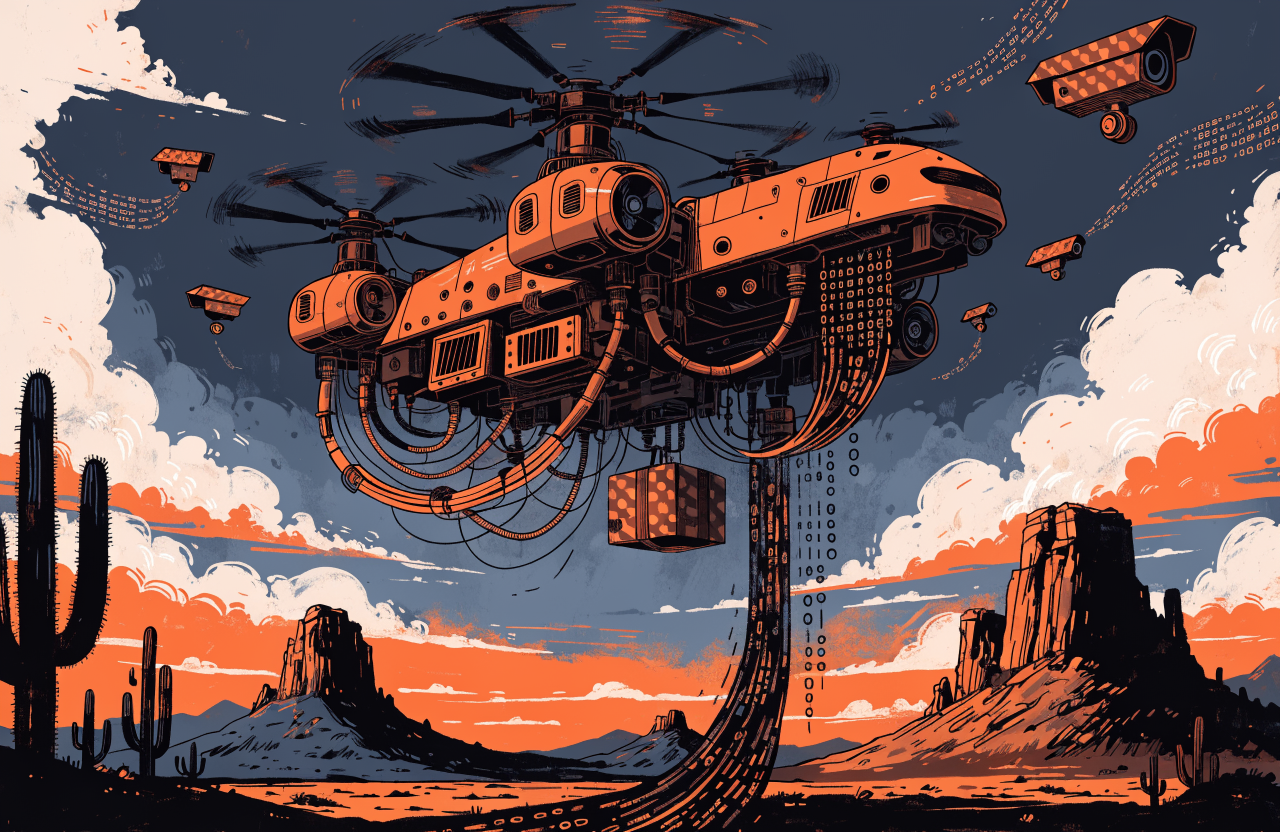 Ilustrație cu o dronă militară modificată deasupra unui peisaj mexican