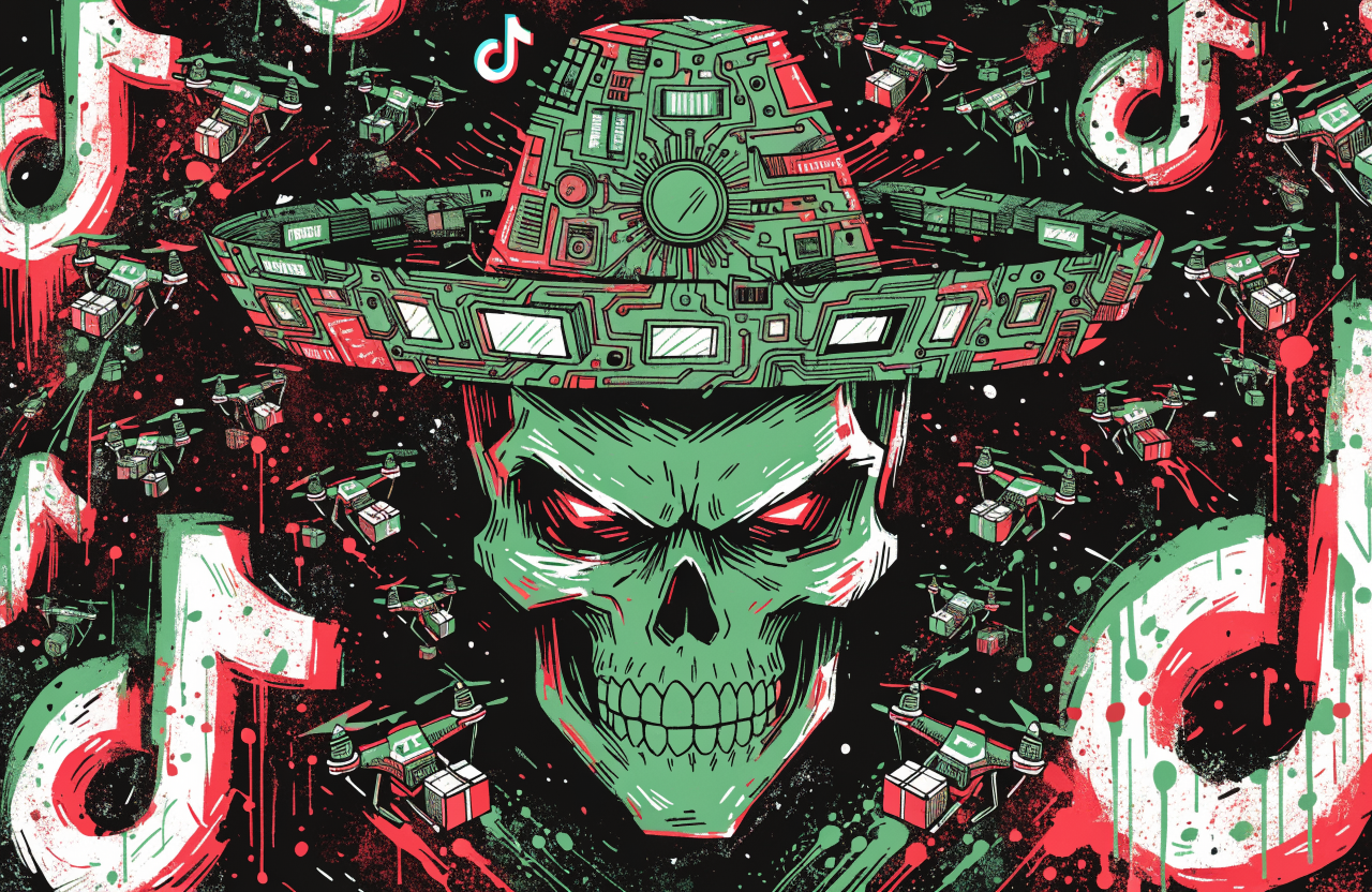 Ilustrație conceptuală cu un cartel mexican care folosește drone și ecrane digitale