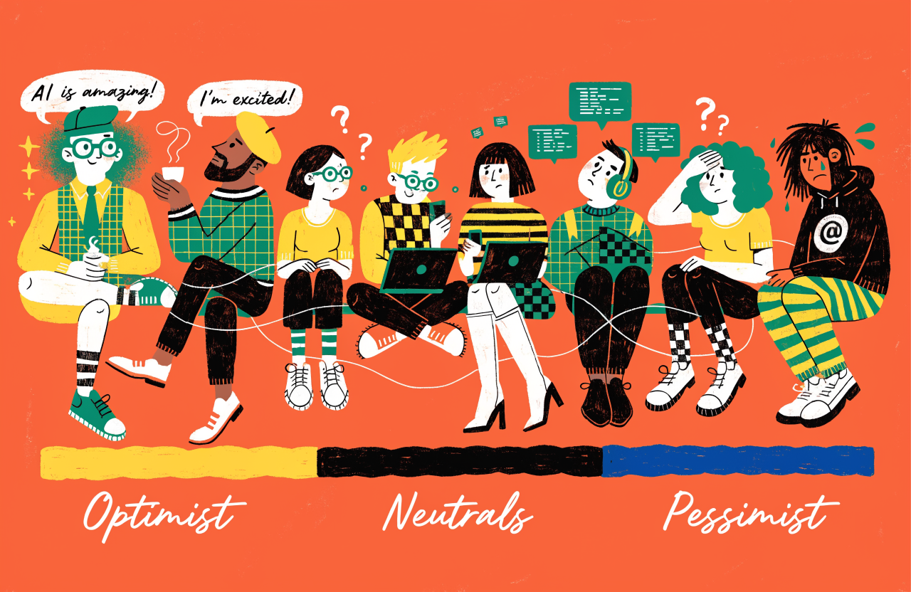 A wide spectrum bar showing different AI researchers as illustrated characters, from a glowing optimist on the left to a shadowy pessimist on the right, with confused figures in the middle, all connected by a glowing neural network thread, digital illustration, editorial magazine style, flat bold colors, graphic novel aesthetic, hand-painted texture, NOT a photograph, illustrated artwork, stylized