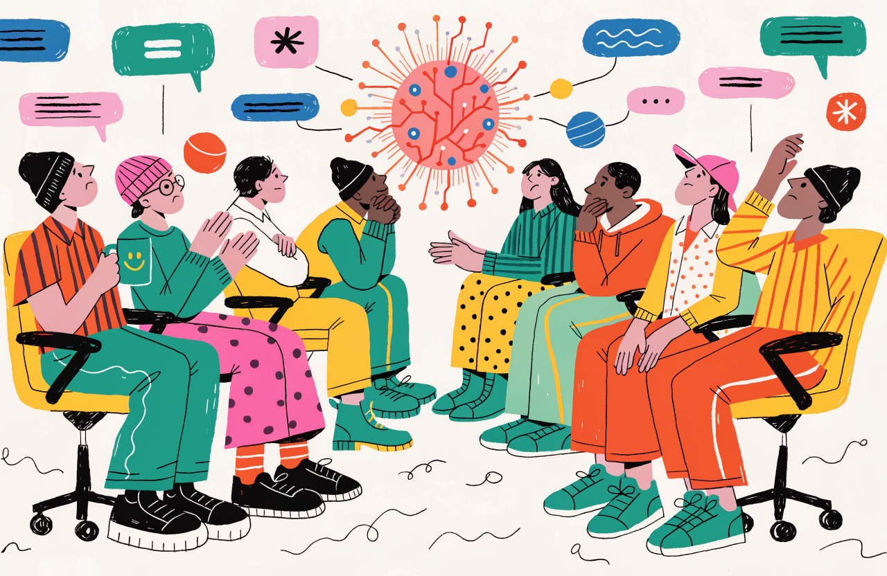 A group of diverse tech researchers sitting around a glowing neural network orb, each one looking in a different direction with conflicting expressions of hope, fear, and obsession, surreal office environment with floating code fragments, digital illustration, editorial magazine style, flat bold colors, graphic novel aesthetic, hand-painted texture, NOT a photograph, illustrated artwork, stylized