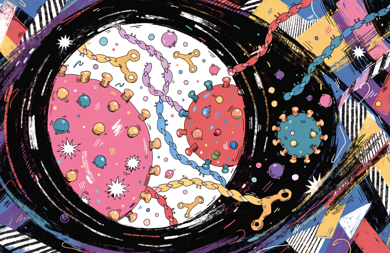 Ilustrație cu un microscop futurist care dezvăluie o lume moleculară colorată