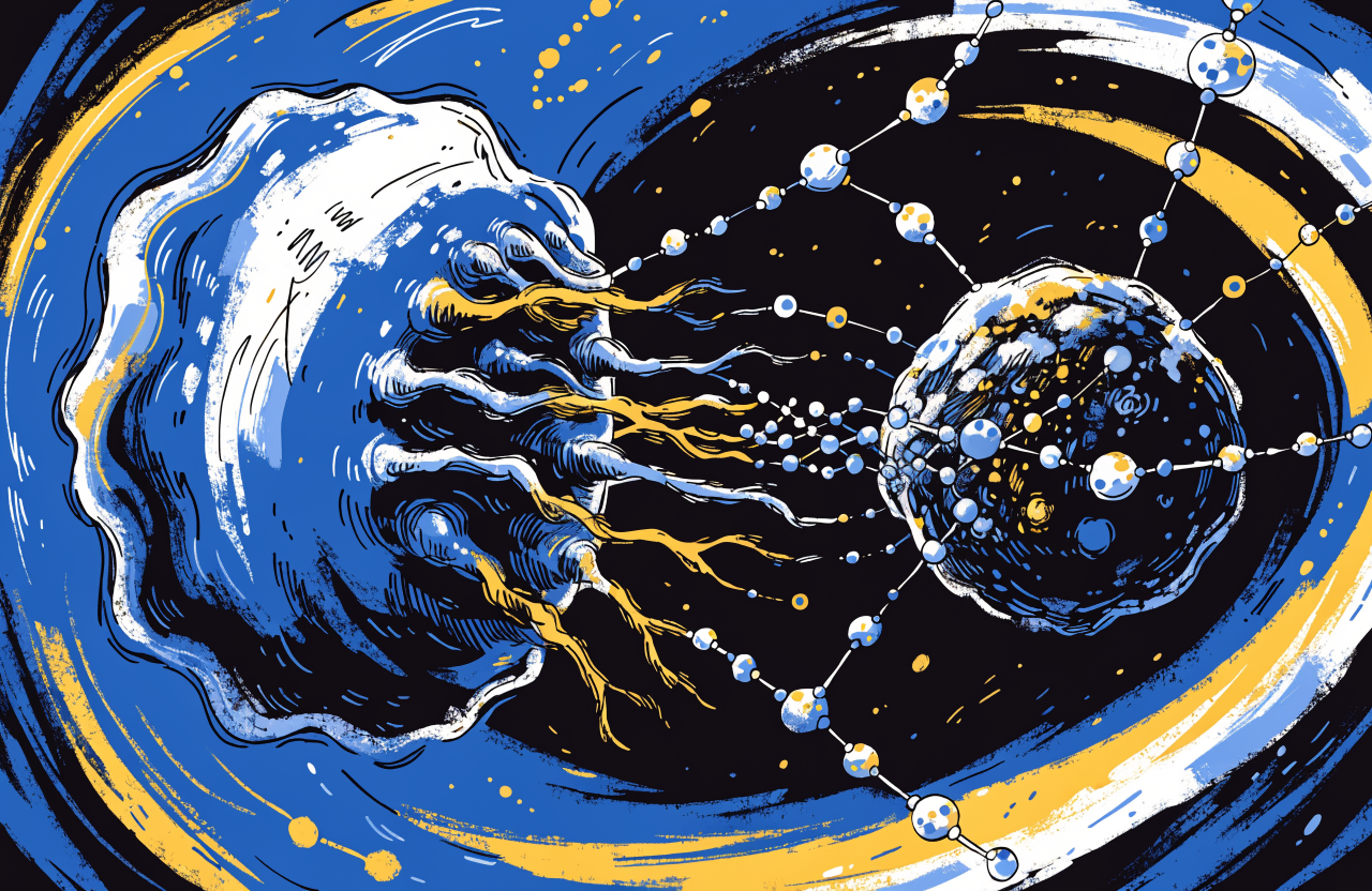 Ilustrație conceptuală cu o celulă imunitară care întinde protuberanțe nanometrice spre o celulă canceroasă
