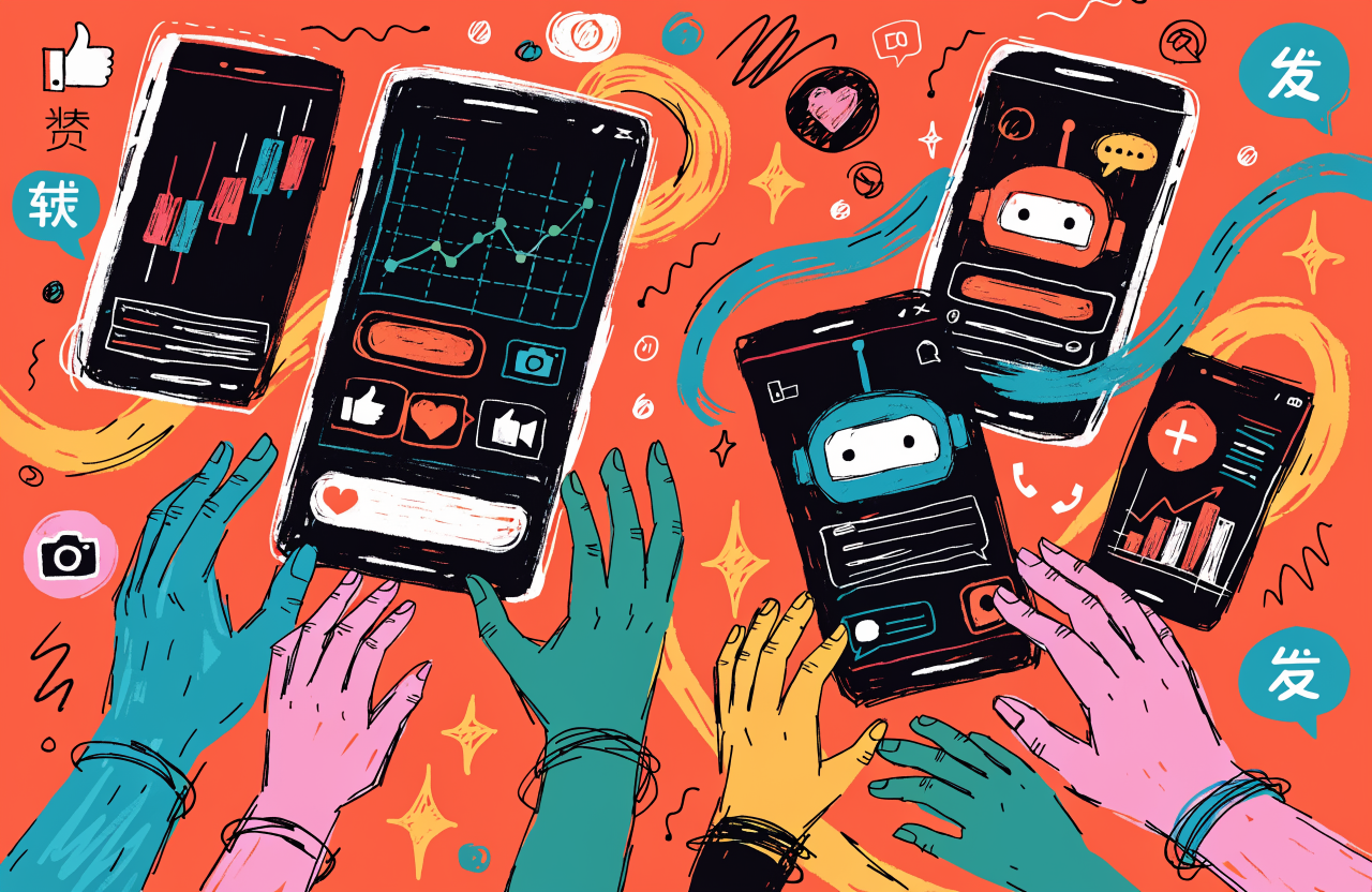 Ilustrație cu ecrane de telefon care arată grafice de trading și un robot AI, în stil suprarealist