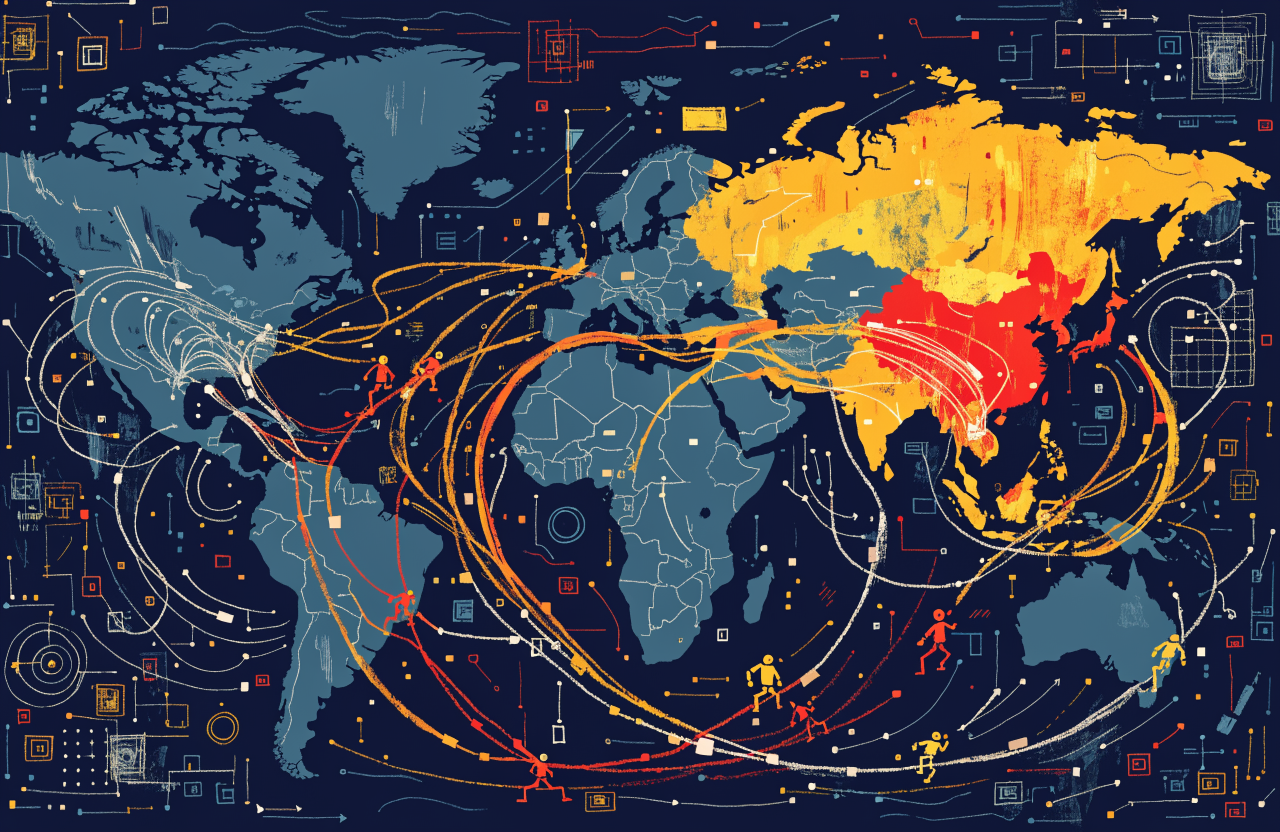 Ilustrație cu o hartă a lumii unde China strălucește intens, conectată de fire digitale la restul planetei