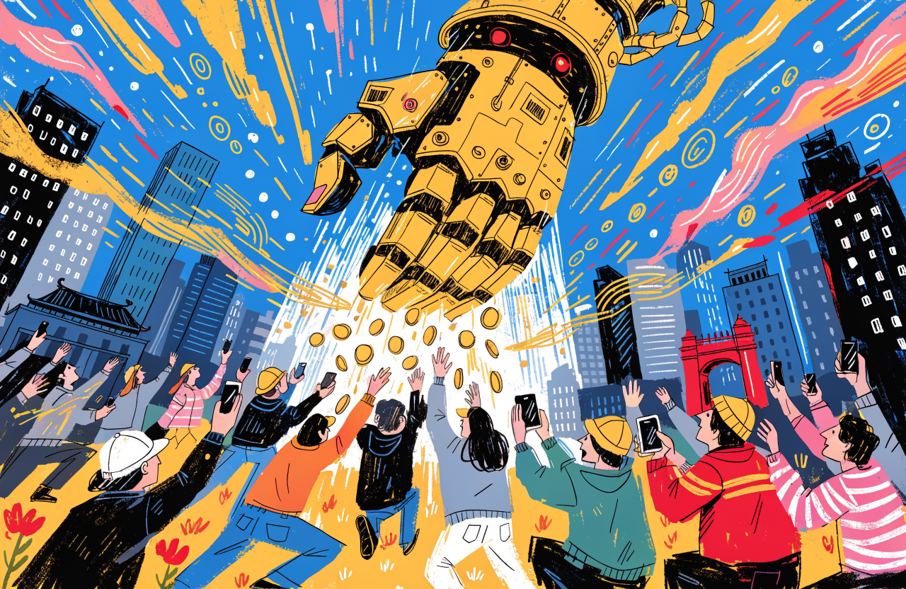 Ilustrație cu o gheară mecanică de aur deasupra unui oraș chinezesc futurist, simbolizând goana după AI