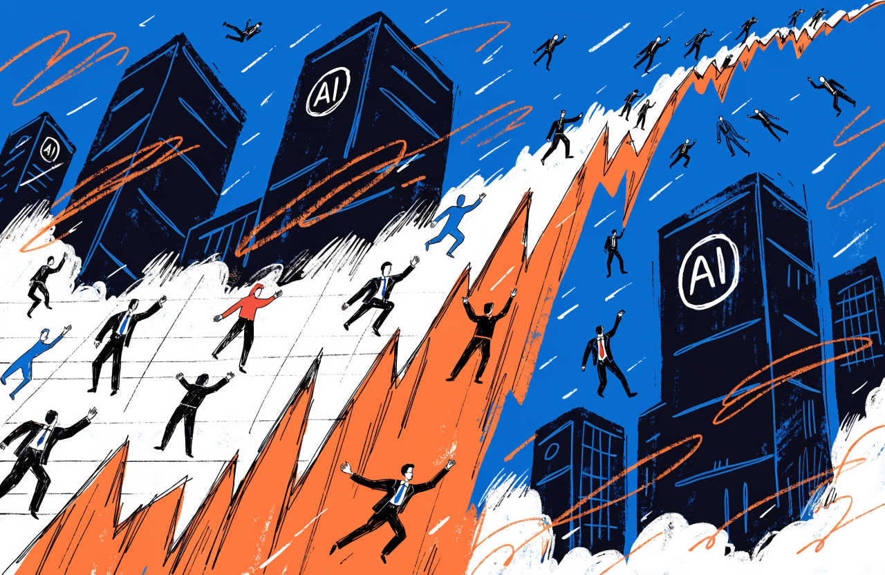 Ilustrație cu un grafic bursier care crește în timp ce angajați cad de pe marginea lui