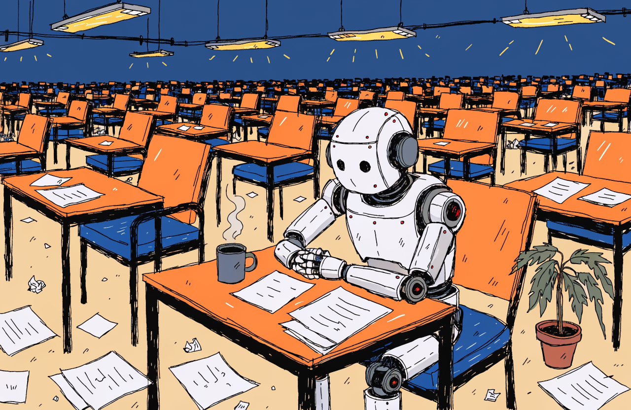 Ilustrație cu un birou gol în care un robot stă singur la un calculator, înconjurat de scaune goale