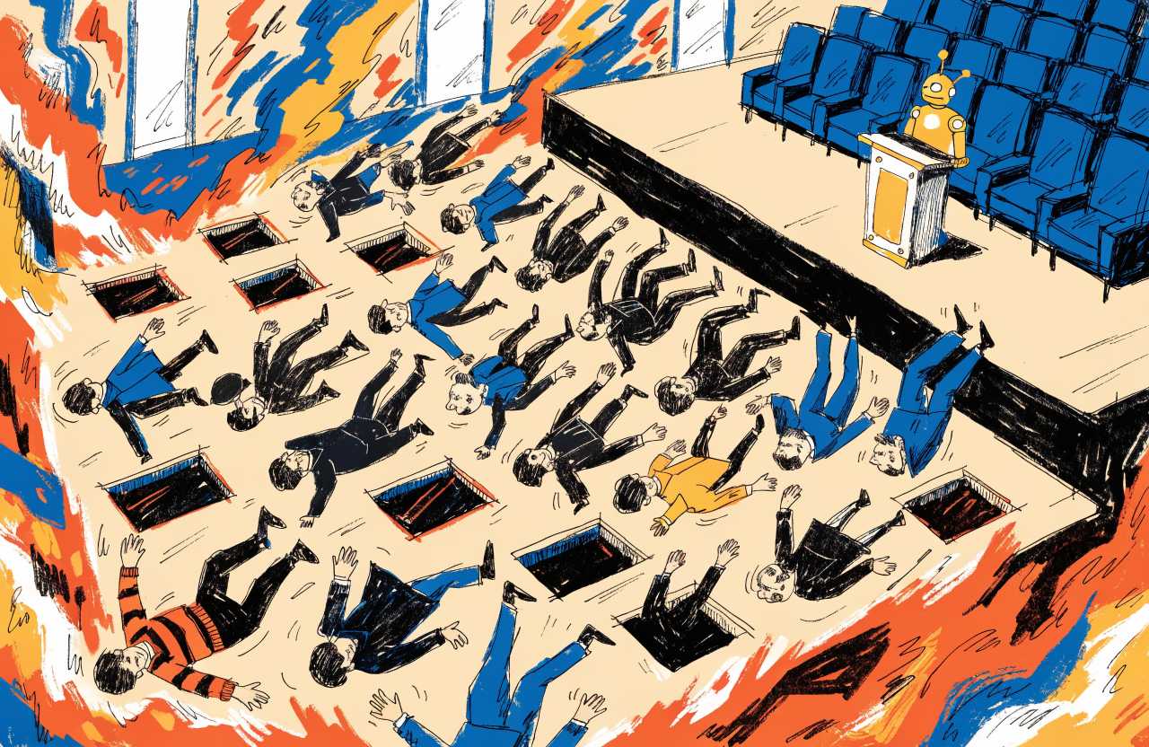 Ilustrație cu angajați de birou care cad prin trapă în timp ce un robot stă pe scenă