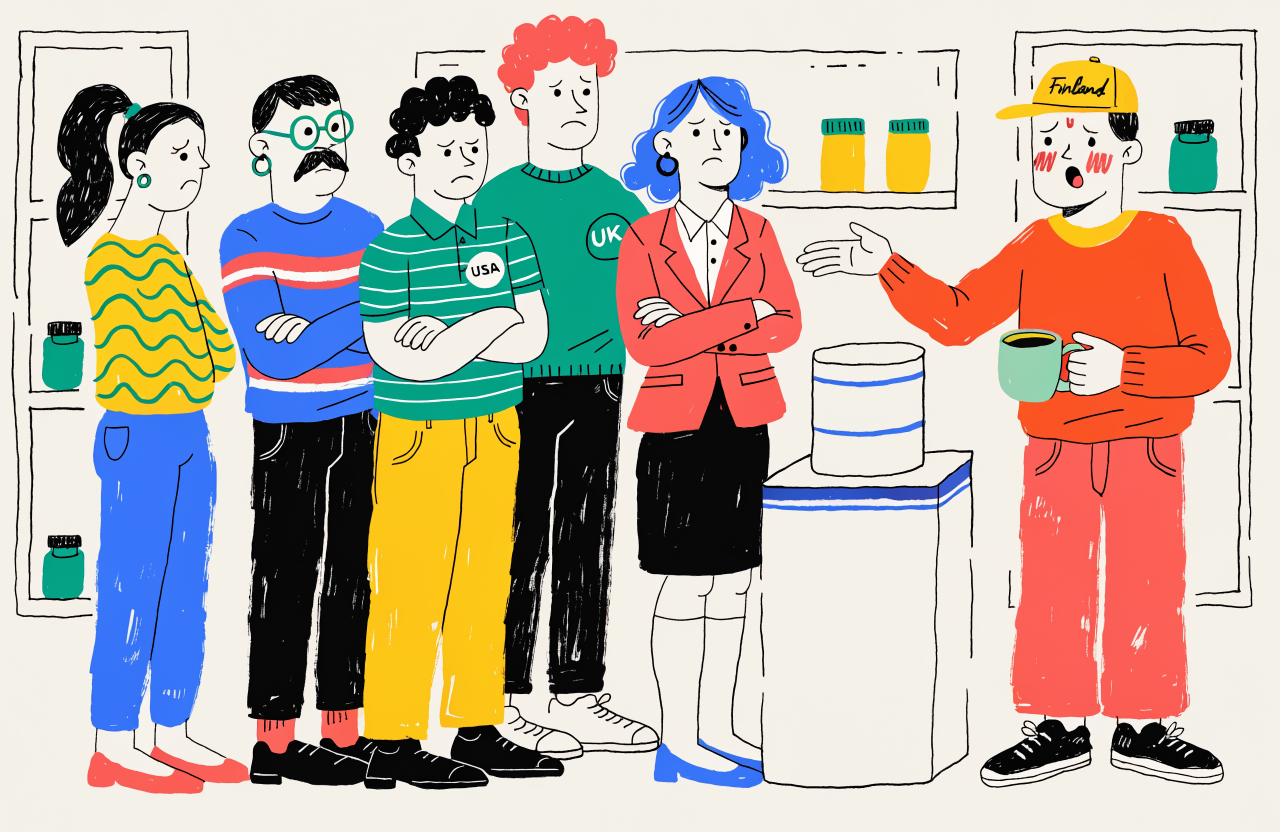 A scientific laboratory with a Finnish researcher presenting an empty pedestal where a battery should be, surrounded by skeptical international scientists with crossed arms and raised eyebrows, minimalist lab environment, digital illustration, editorial magazine style, flat bold colors, graphic novel aesthetic, hand-painted texture, NOT a photograph, illustrated artwork, stylized
