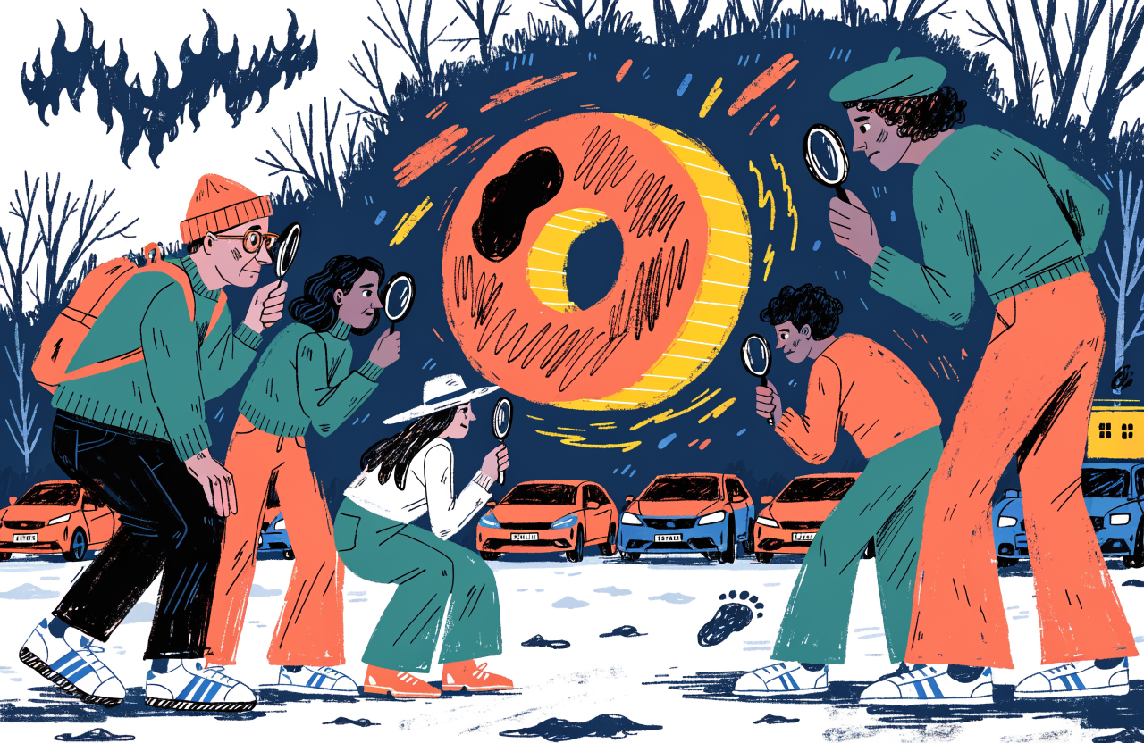 A glowing donut-shaped battery floating in a dark arctic Finnish landscape, surrounded by skeptical scientists with magnifying glasses, electric cars in the background, surreal editorial style, digital illustration, editorial magazine style, flat bold colors, graphic novel aesthetic, hand-painted texture, NOT a photograph, illustrated artwork, stylized