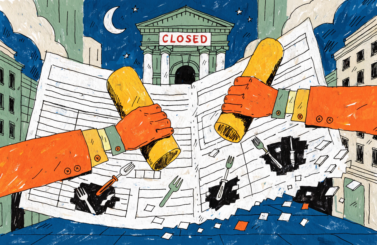 Ilustrație cu un document legislativ care se dizolvă în pixeli, în timp ce mâini corporatiste îl șterg