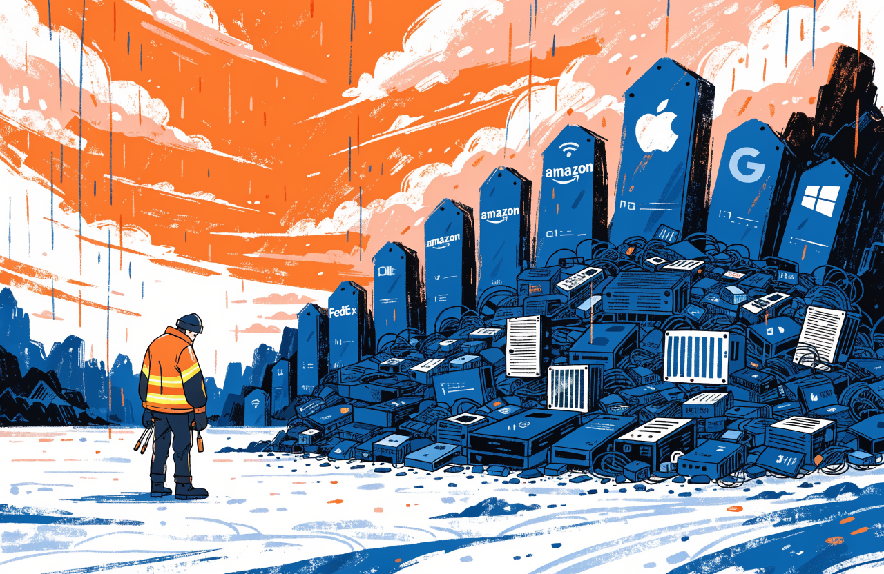 Ilustrație cu un cimitir de echipamente electronice sub un cer portocaliu, cu logo-uri corporatiste pe cruci