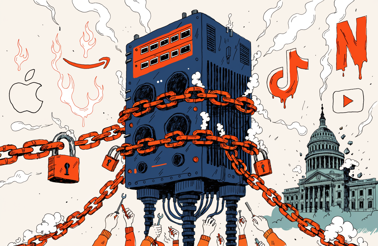 Ilustrație cu un router uriaș înconjurat de lanțuri, în timp ce mâini umane încearcă să-l repare